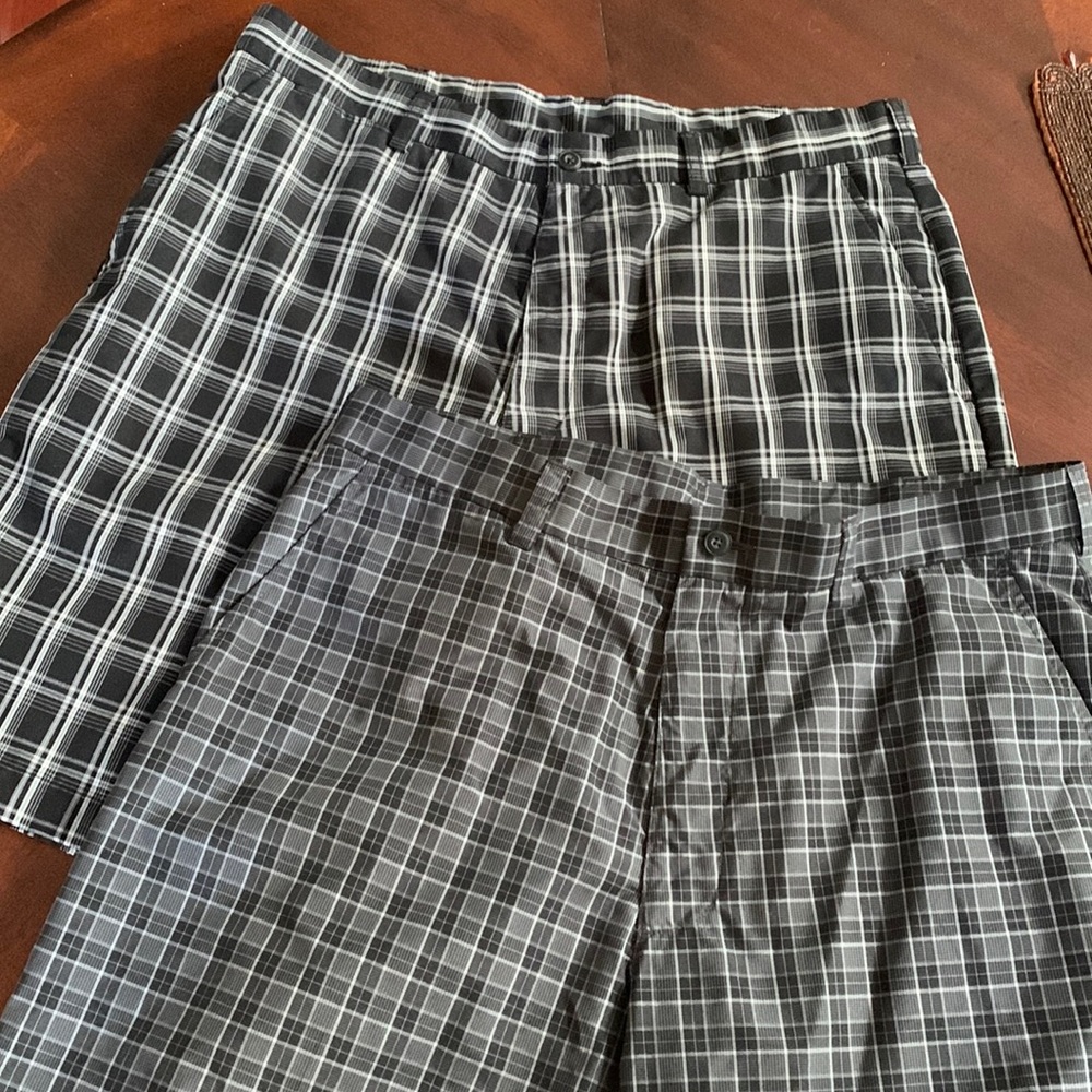 2 Pairs PGA Tour Golf Shorts Black Gray Plaid Flat Front Polyester Size 36